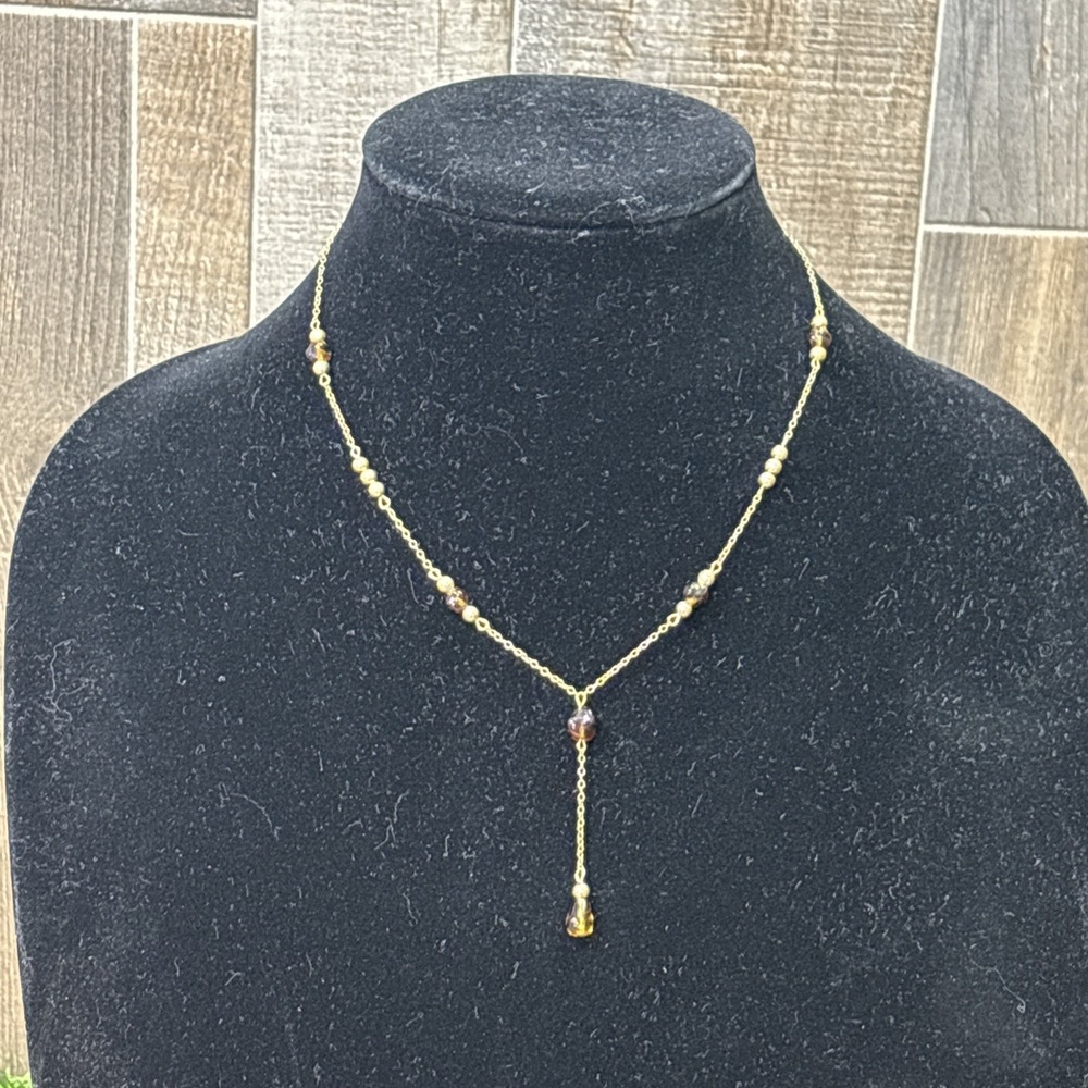 Vintage Krementz Tiger Eye Gold Tone Bib Y Necklace Choker Drop Pendant